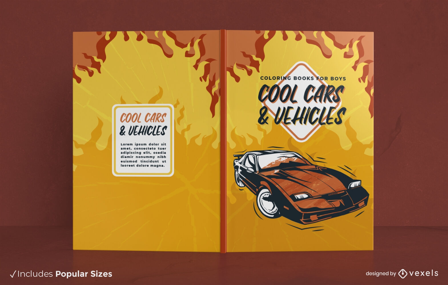 Diseño de portada de libro de fuego de coche deportivo