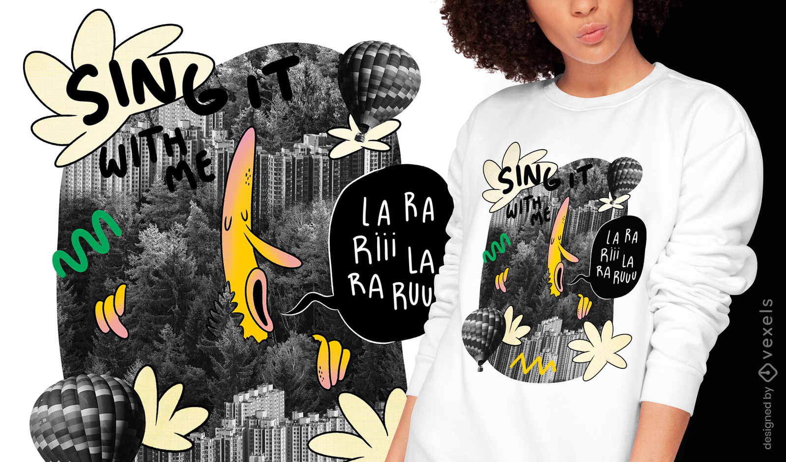 Diseño de camiseta gigante cantando.