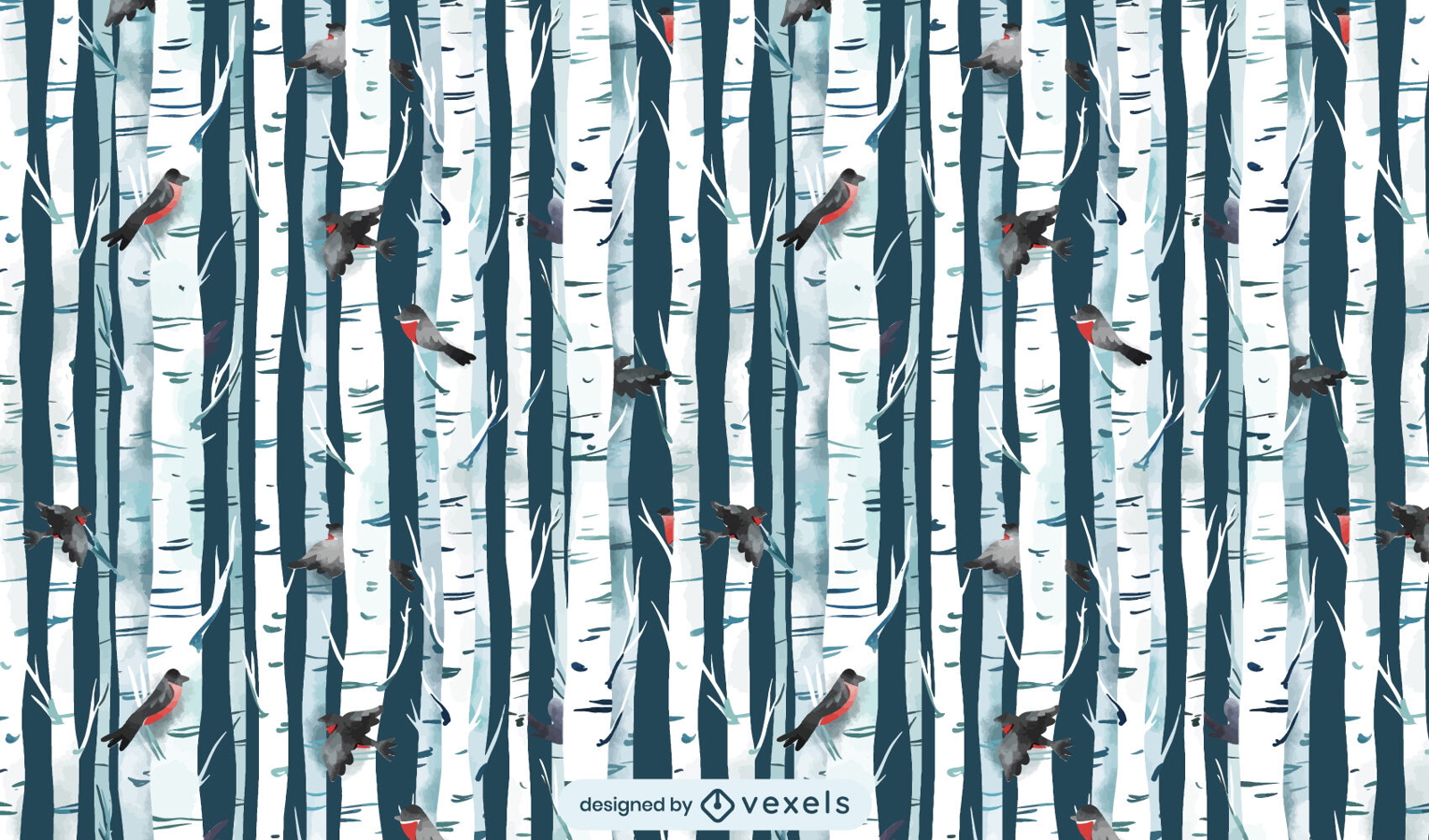 Floresta de inverno com desenho de padrão de pássaros