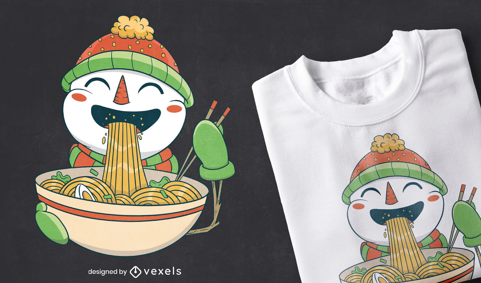 Diseño de camiseta de muñeco de nieve comiendo ramen