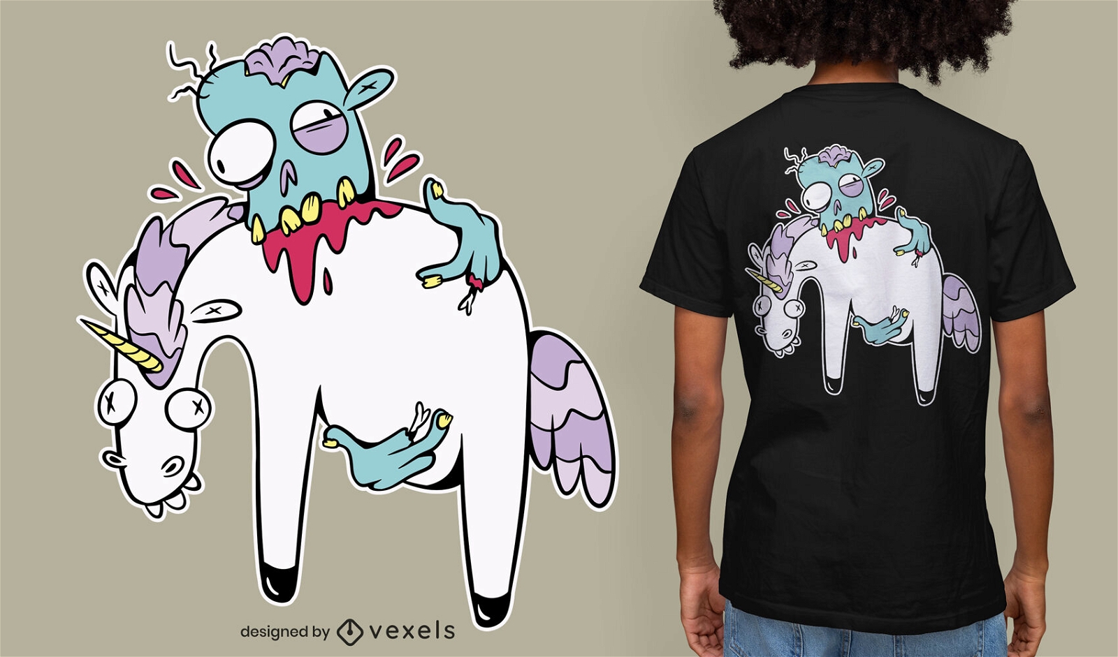 Diseño de camiseta de dibujos animados de zombie comiendo unicornio