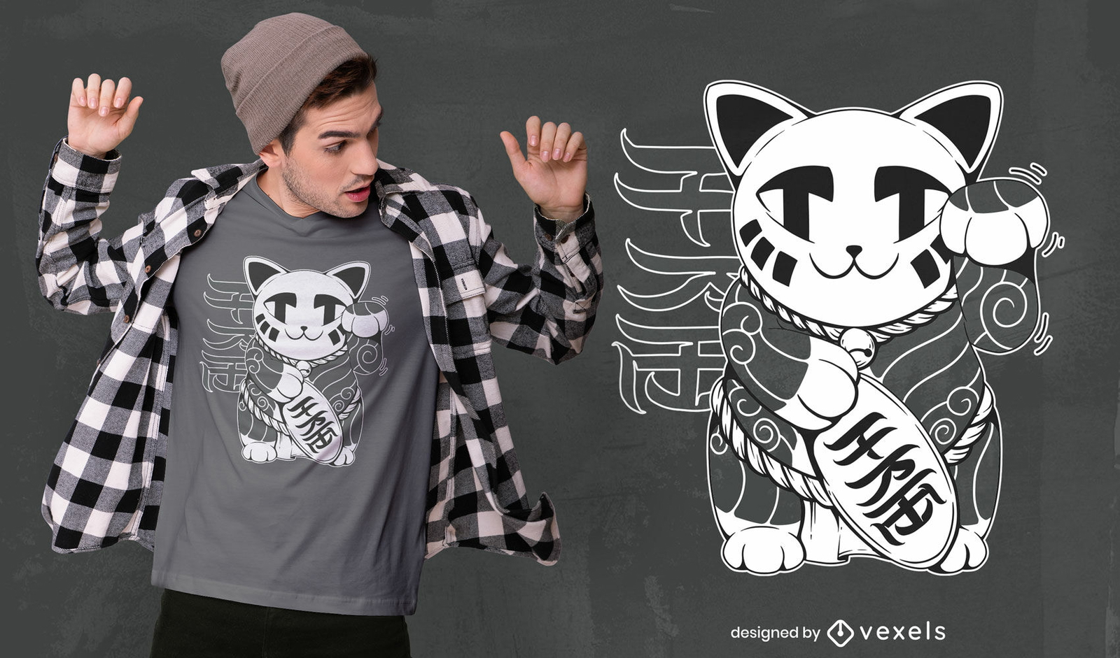 Design de camiseta com animal japonês para gato da sorte