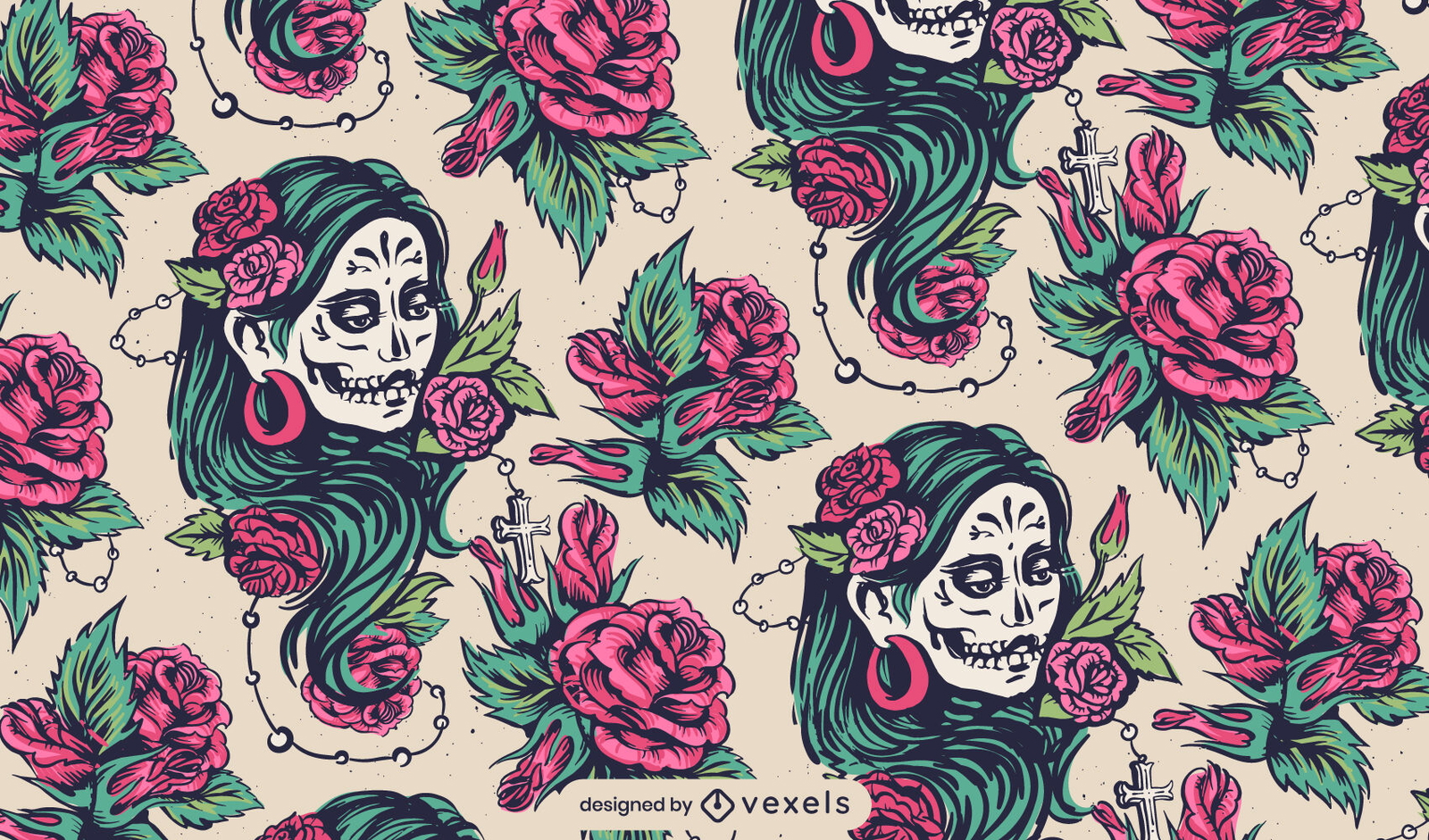 Diseño de patrón de mujer floral del día de los muertos.