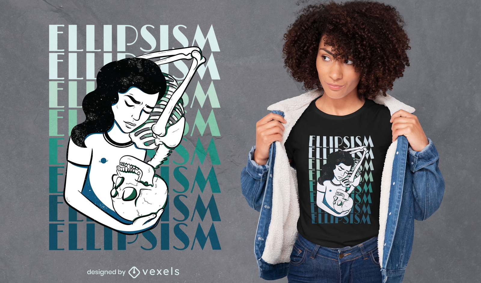 Menina melancólica e design de camiseta com caveira