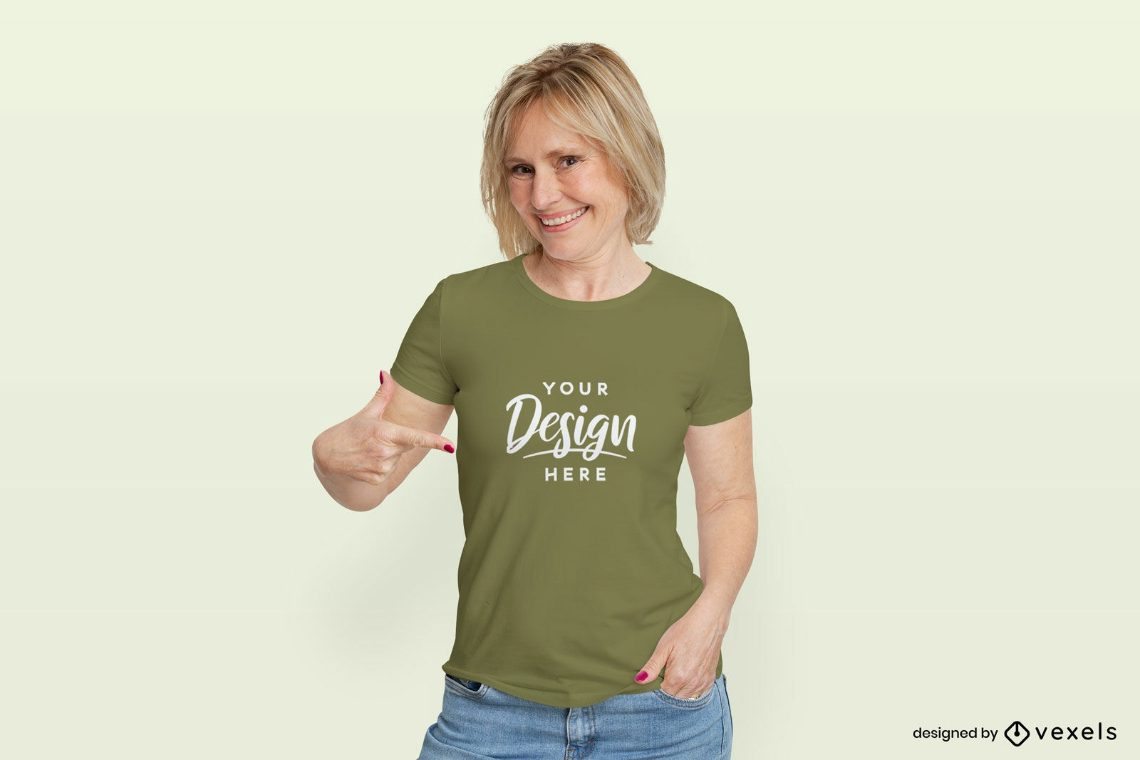 Woman in green t-shirt flat background mockup
