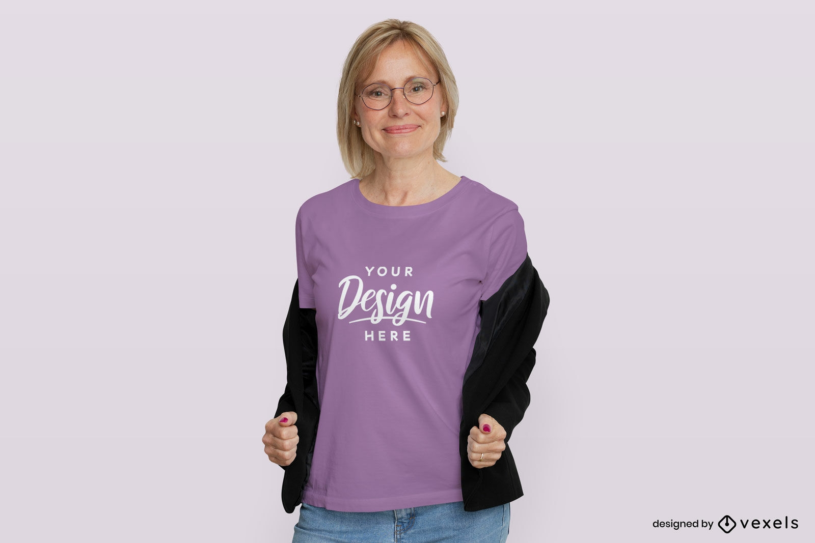 Woman in purple t-shirt and jacket mockup