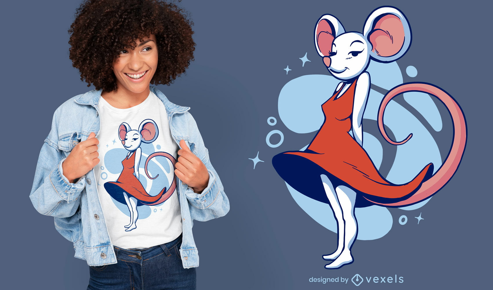 Ratón femenino en diseño de camiseta de dibujos animados de vestido