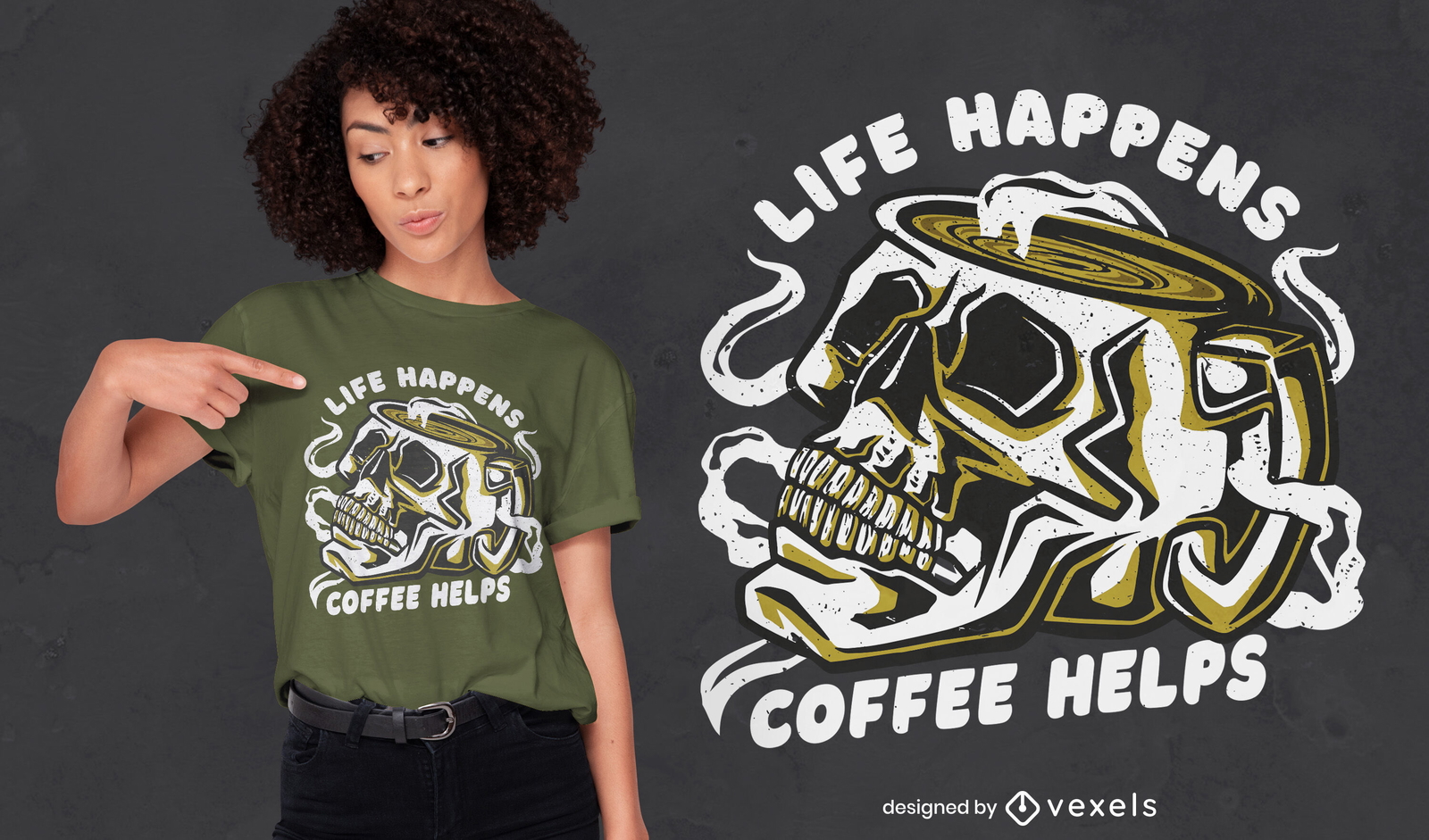 Design de camiseta com citação de crânio de café