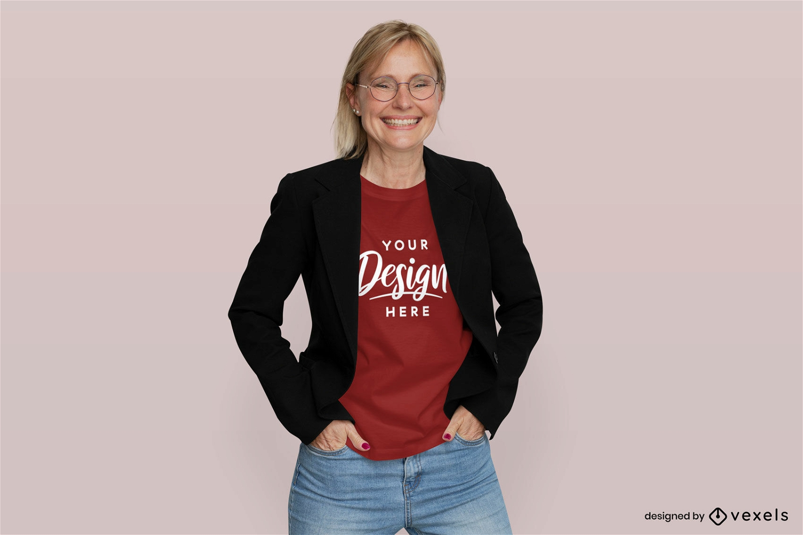Red t-shirt mockup woman in jacket