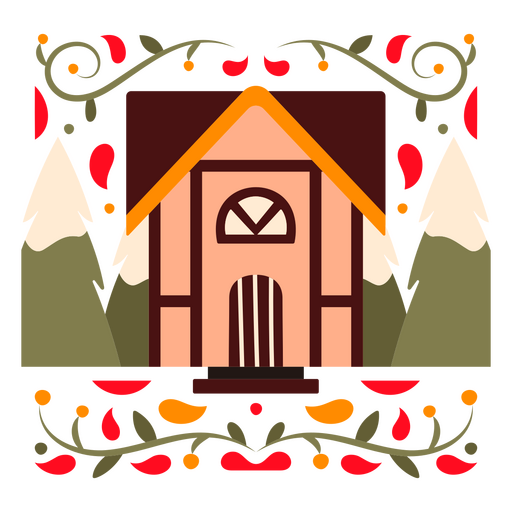 Cabaña rosa en el plano de las montañas. Diseño PNG