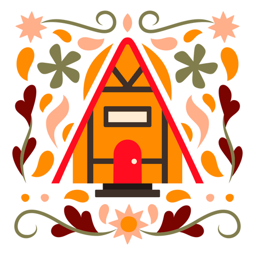 Cabaña naranja en el piso de la naturaleza. Diseño PNG