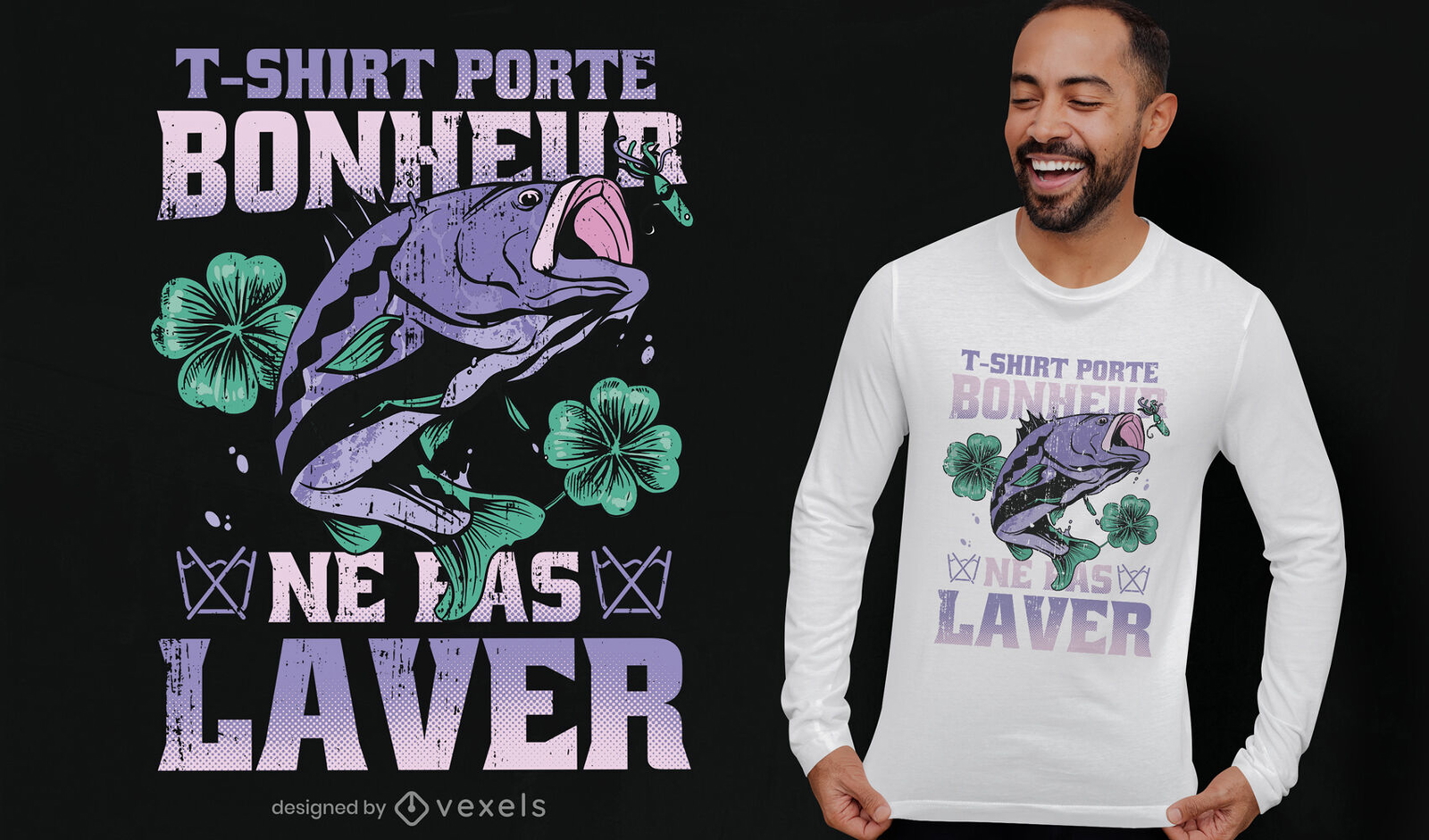 Cita de pesca afortunada y diseño de camiseta de tréboles.