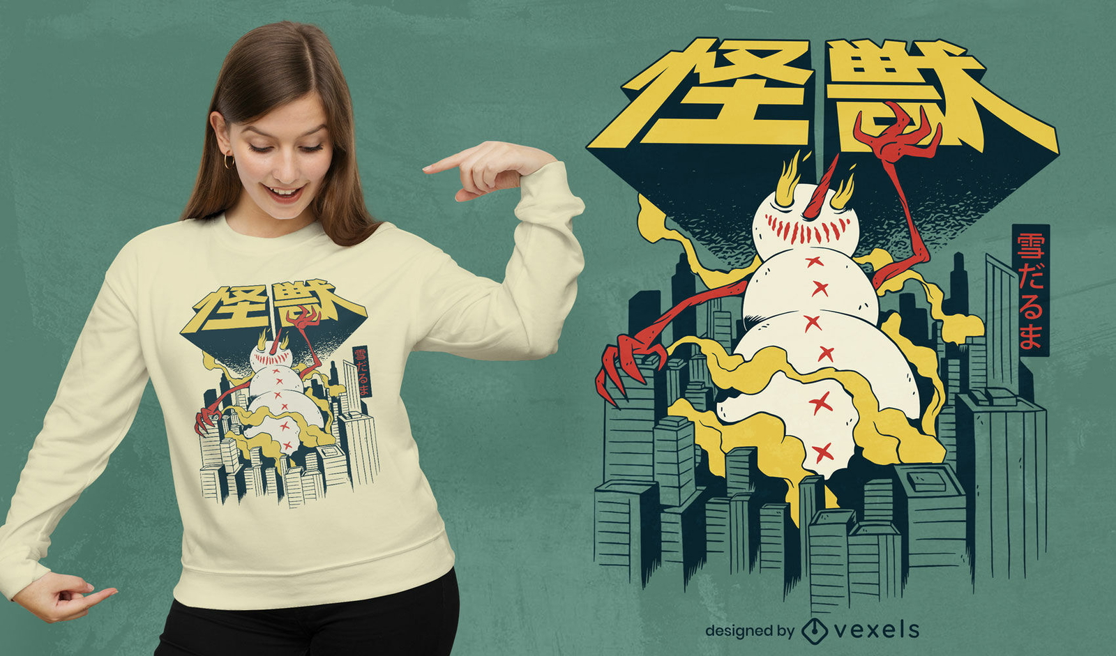 Diseño de camiseta japonesa monstruo muñeco de nieve