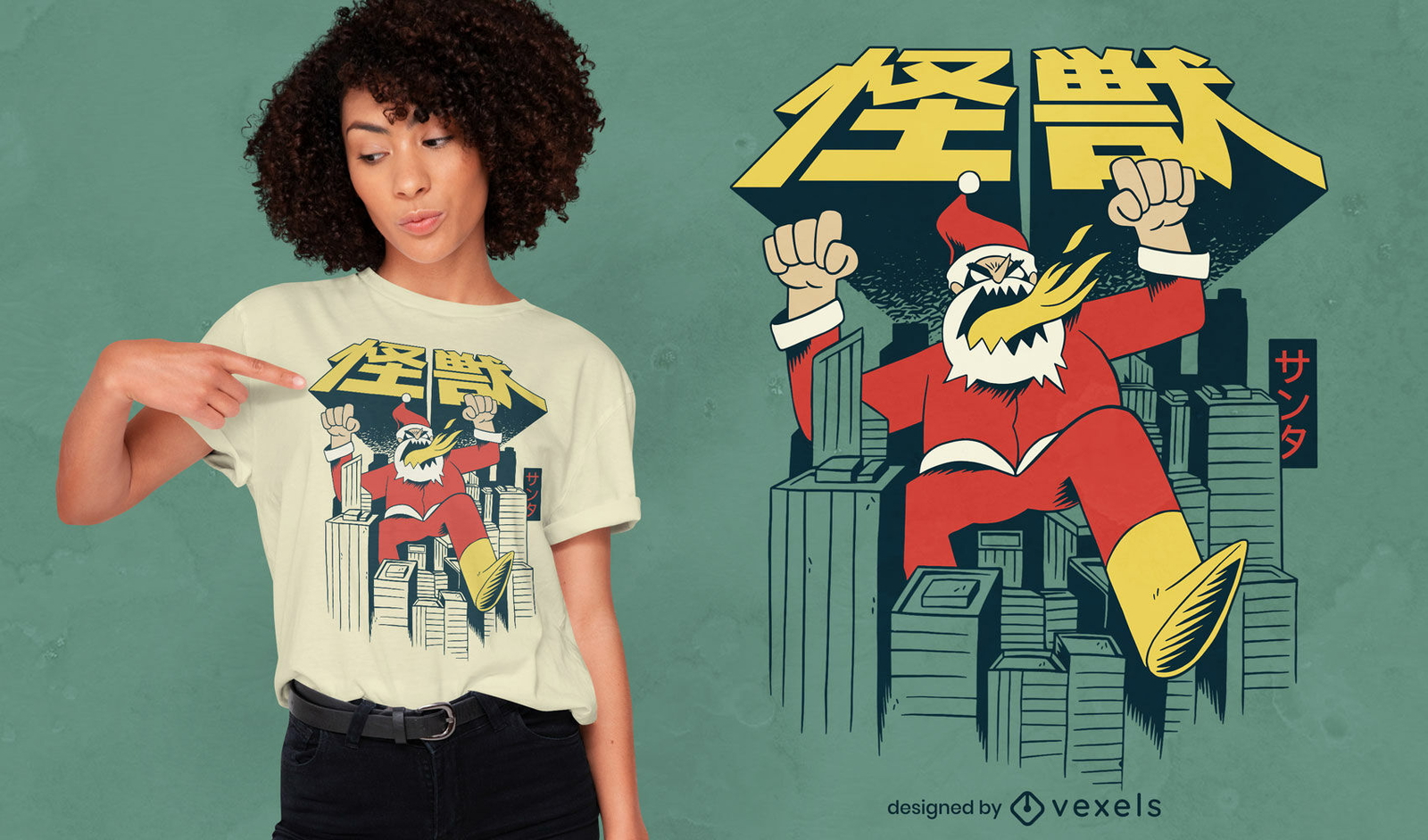 Diseño de camiseta de la ciudad que destruye el monstruo de Navidad Santa