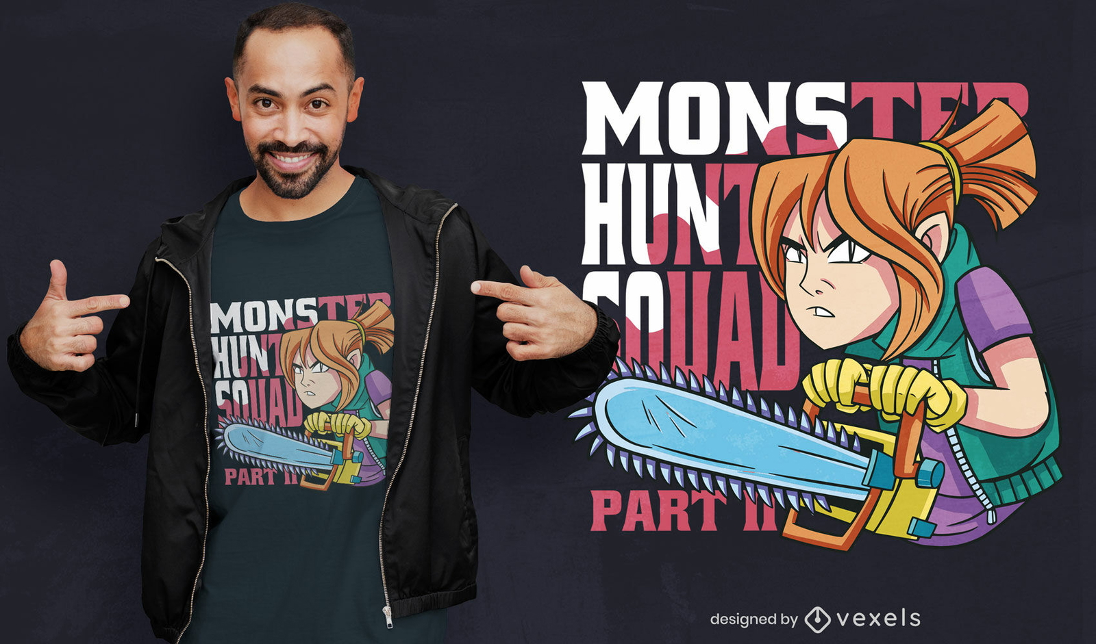 Mädchen und Kettensägen-Monsterjäger-T-Shirt-Design