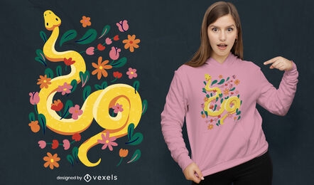 Diseño de camiseta de serpiente y flores.