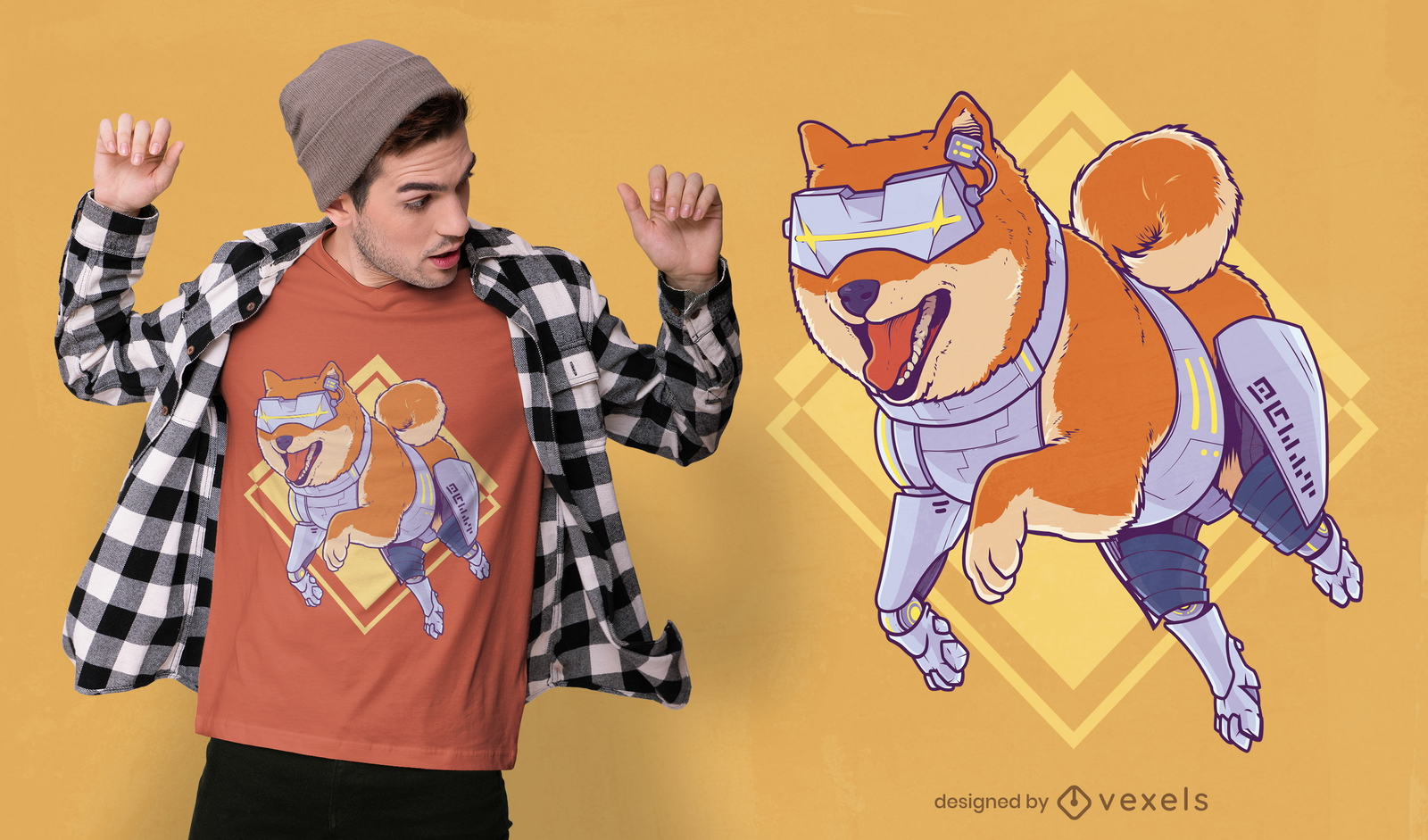 Design futurista de camiseta de robô de cachorro shiba inu