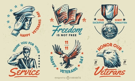 Conjunto de distintivos vintage de feriado americano do dia dos veteranos