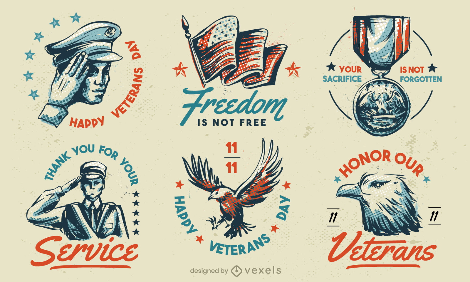 Conjunto de insignias vintage de vacaciones americanas del día de los veteranos