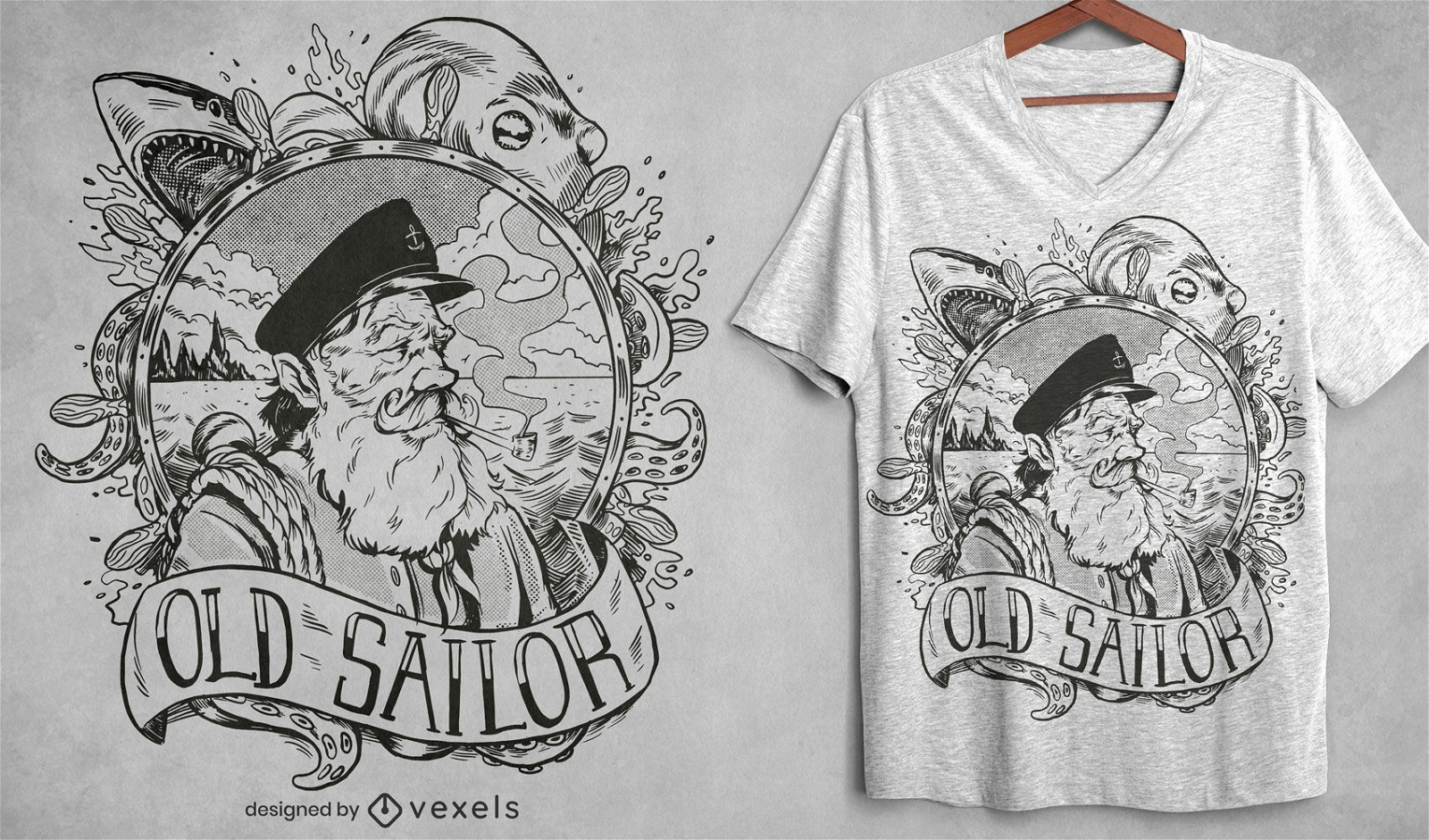 Old sailor man hand drawn t-shirt design