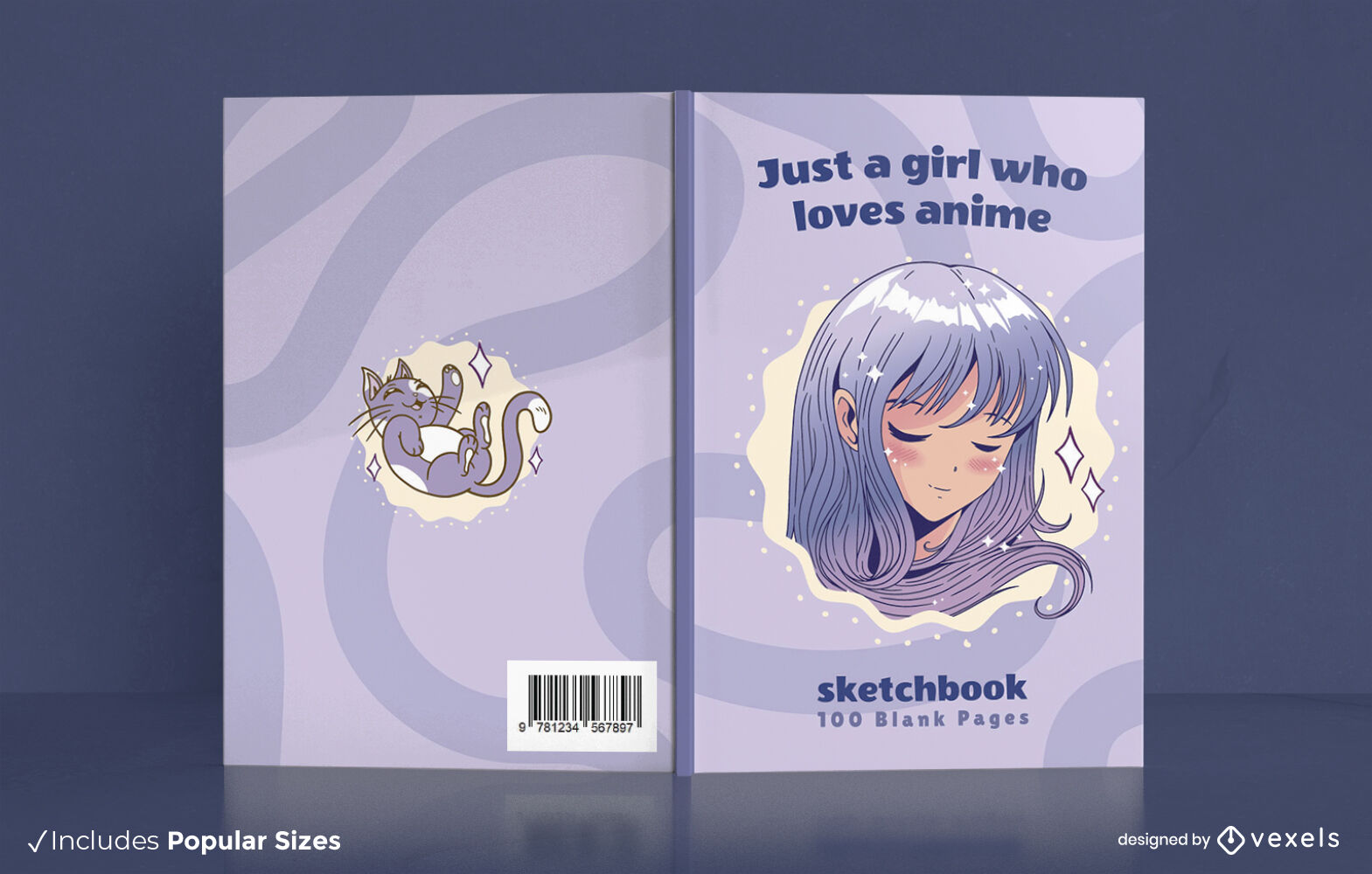 Diseño de portada de cuaderno de bocetos de chica anime feliz