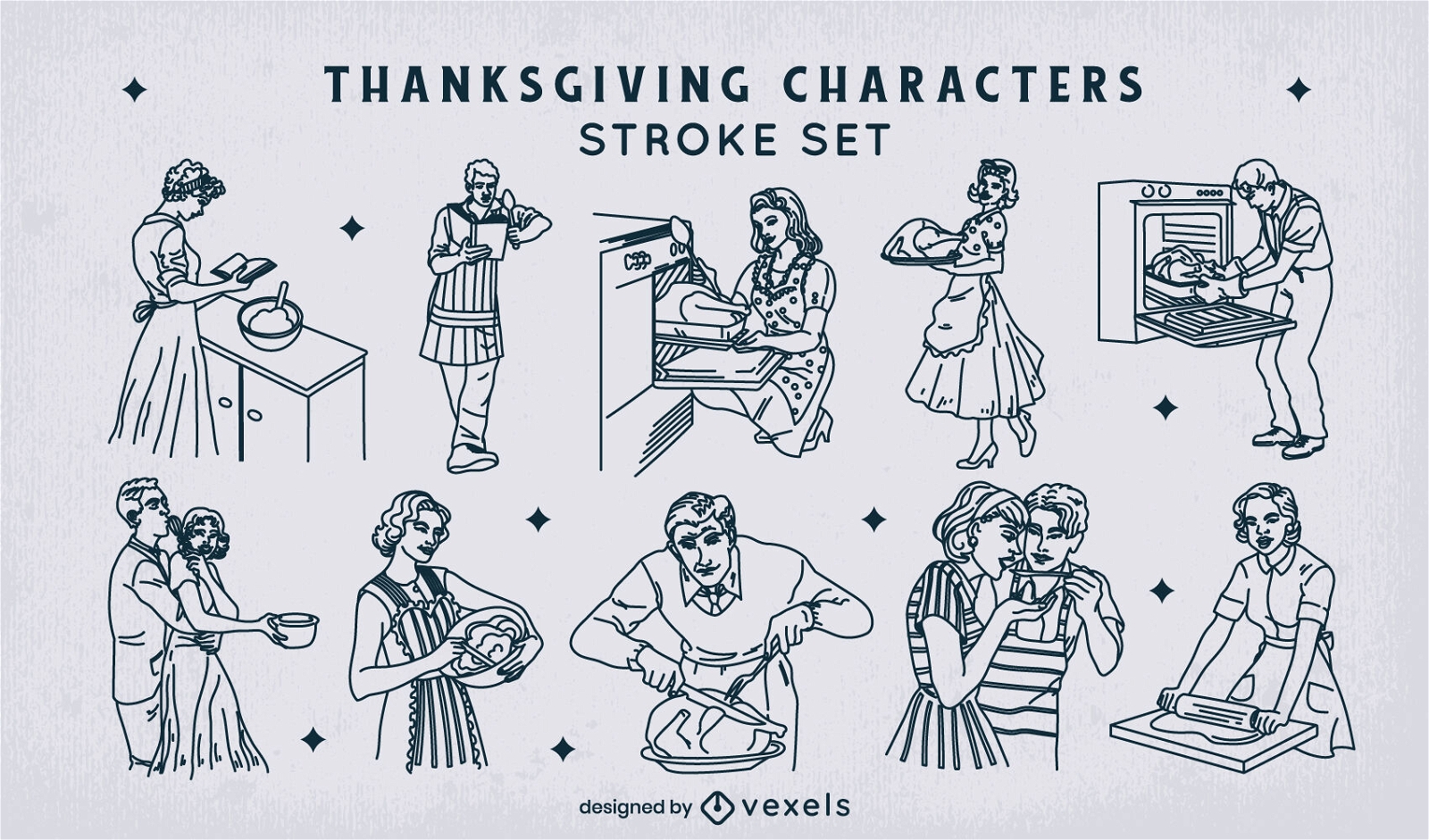 Thanksgiving-Feiertag 50er-Jahre-Zeichen-Stroke-Set