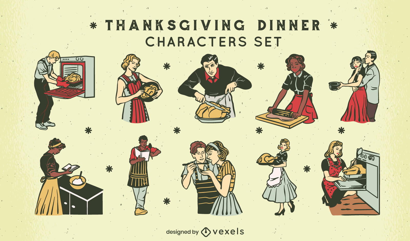 Thanksgiving holiday 50s characters set