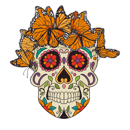 Dia de los muertos skull and butterflies color stroke PNG Design