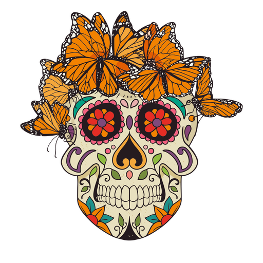 Dia de los muertos crânio e borboletas traço de cor Desenho PNG