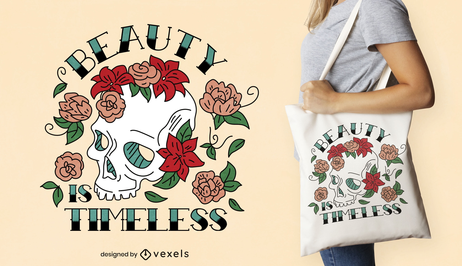 Tote Bag Design mit Blumenschädel und Natur