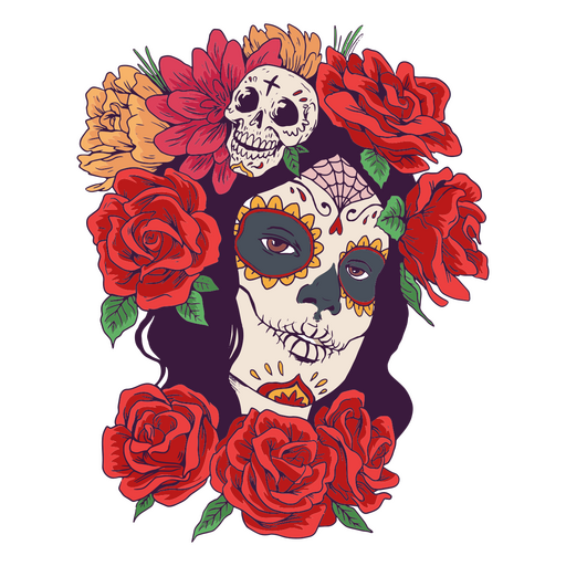 Day of the dead floral skull woman illustration  PNG Design