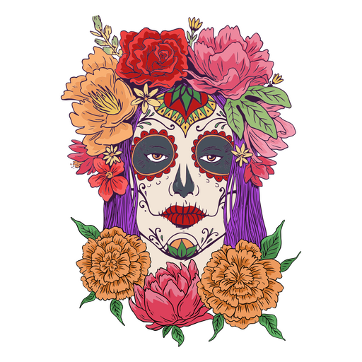 Dia floral da ilustração da mulher do crânio morto Desenho PNG