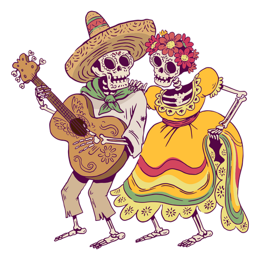 Day of the dead skeleton couple with guitar illustration