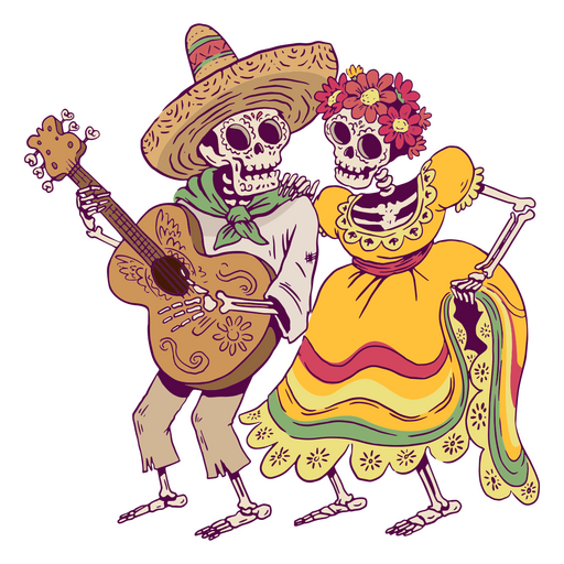 Dia do casal esqueleto morto com ilustração de guitarra Desenho PNG