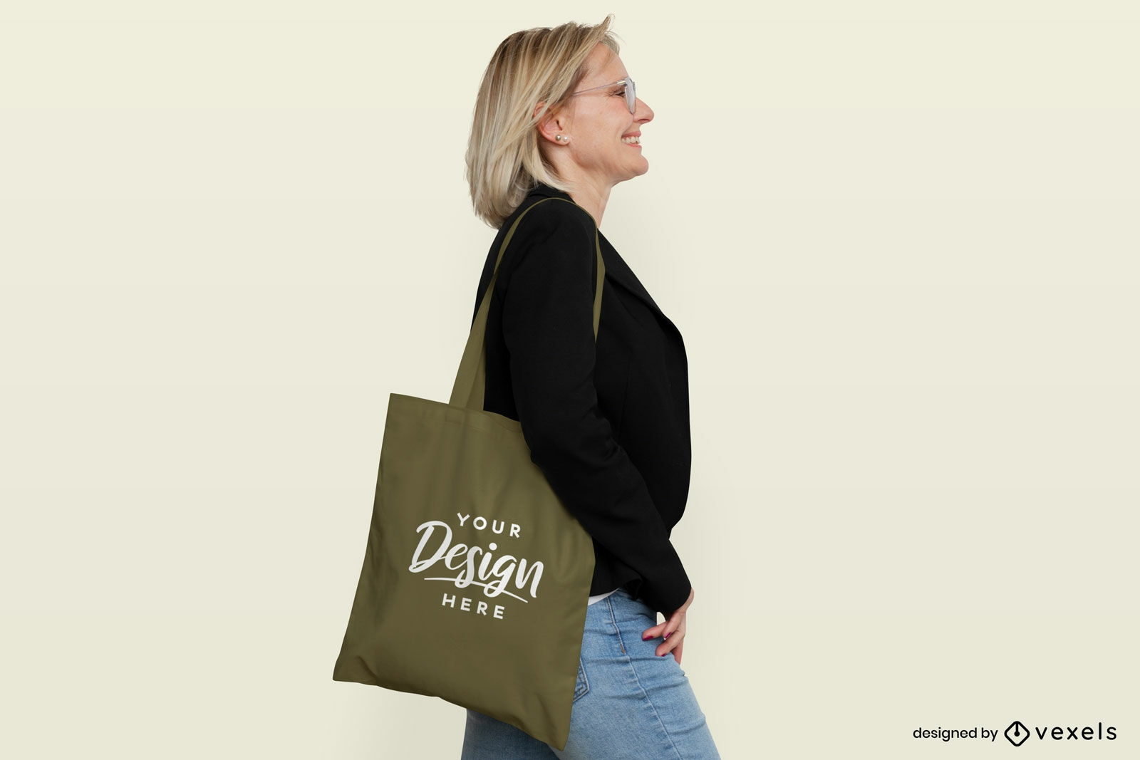 Woman with green tote bag mockup flat background