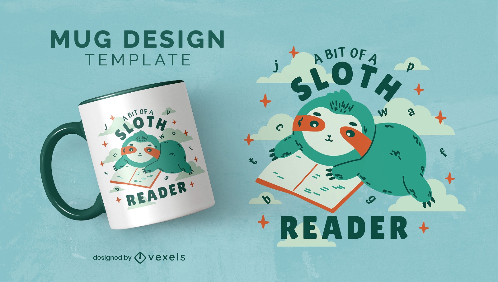 Reading sloth cute mug design template