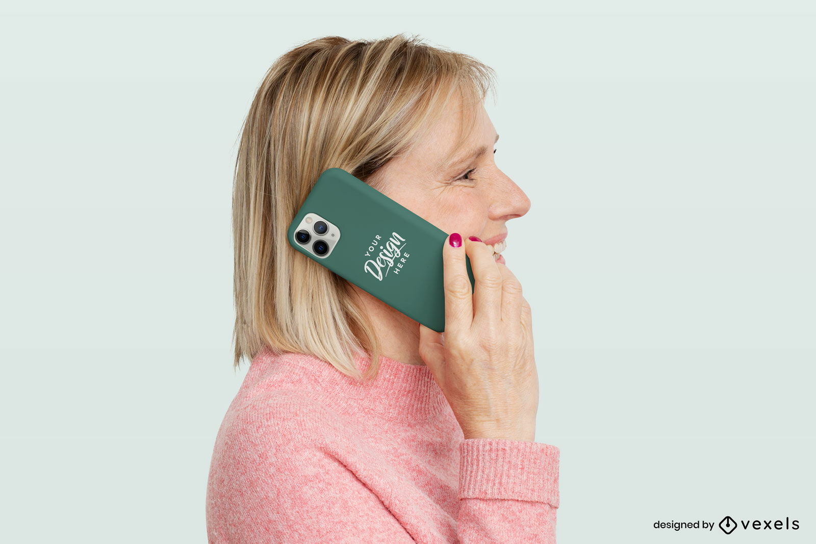 Maqueta de caja de teléfono verde y mujer