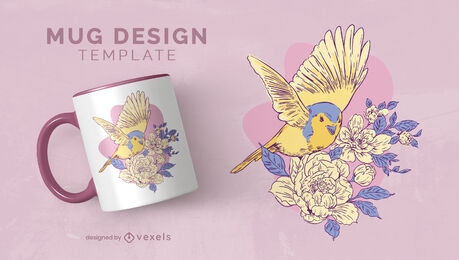 Cute bird in flowers mug design template