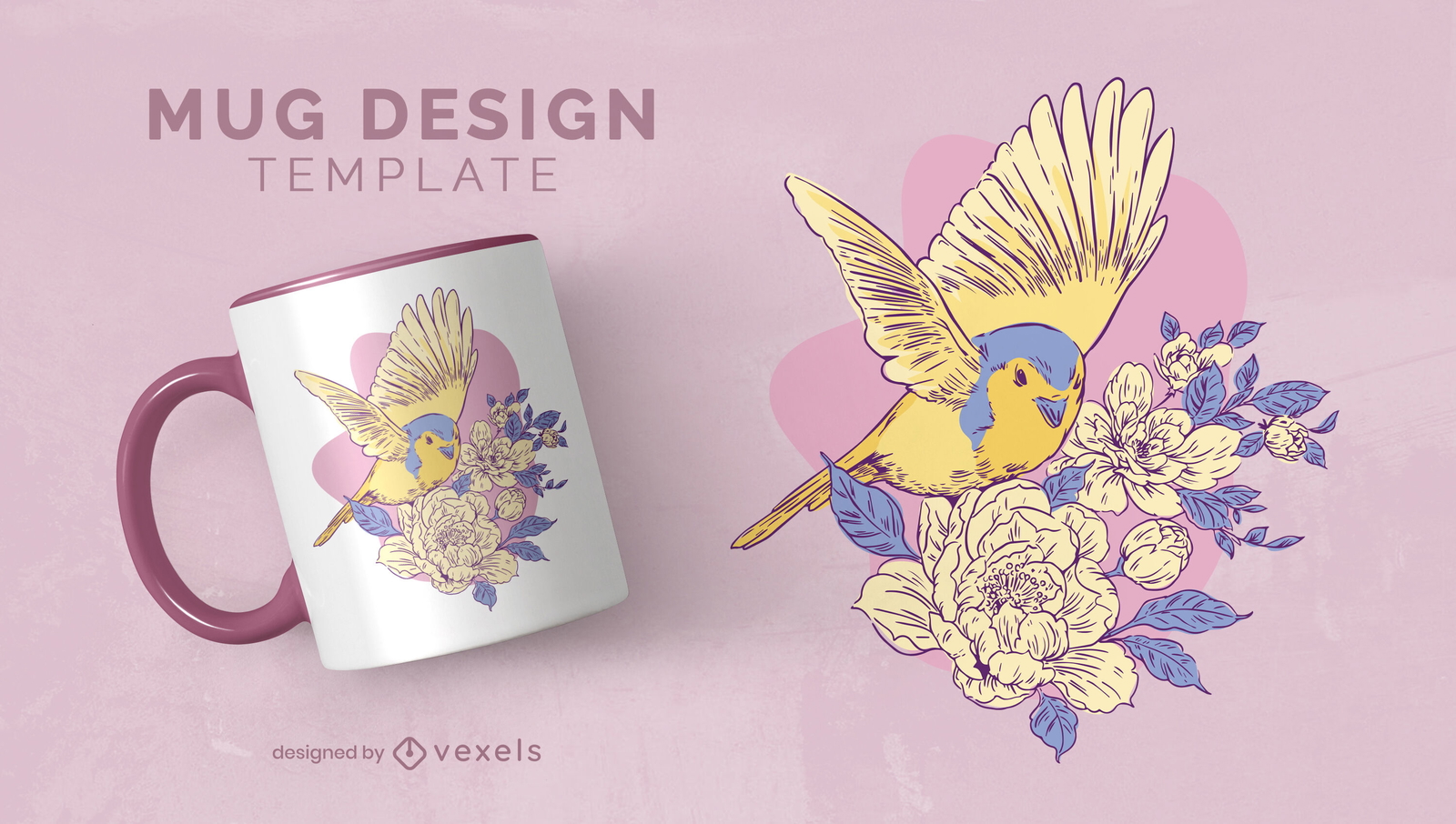 Cute bird in flowers mug design template