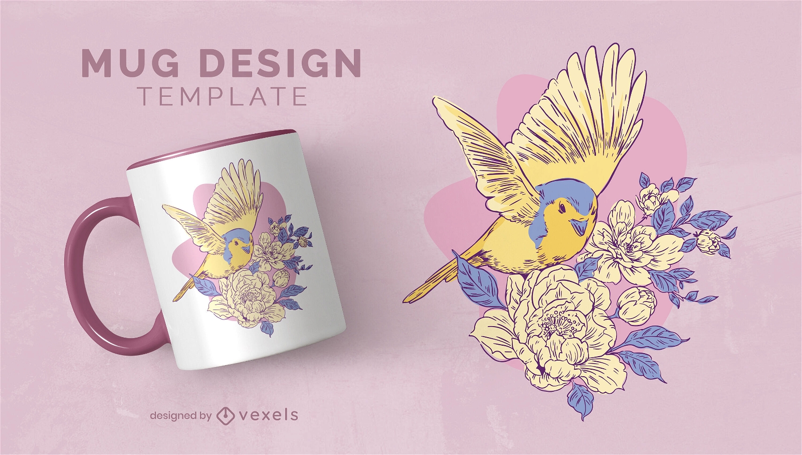 Lindo pájaro en plantilla de diseño de taza de flores