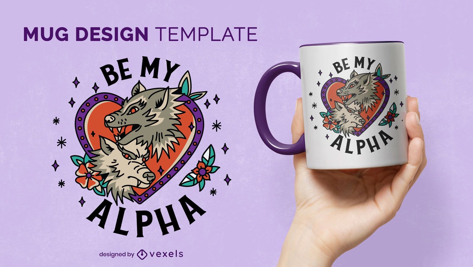 Plantilla de diseño de taza de pareja de amor de lobo