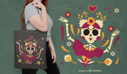 Diseño de bolso de mano floral de mujer esqueleto