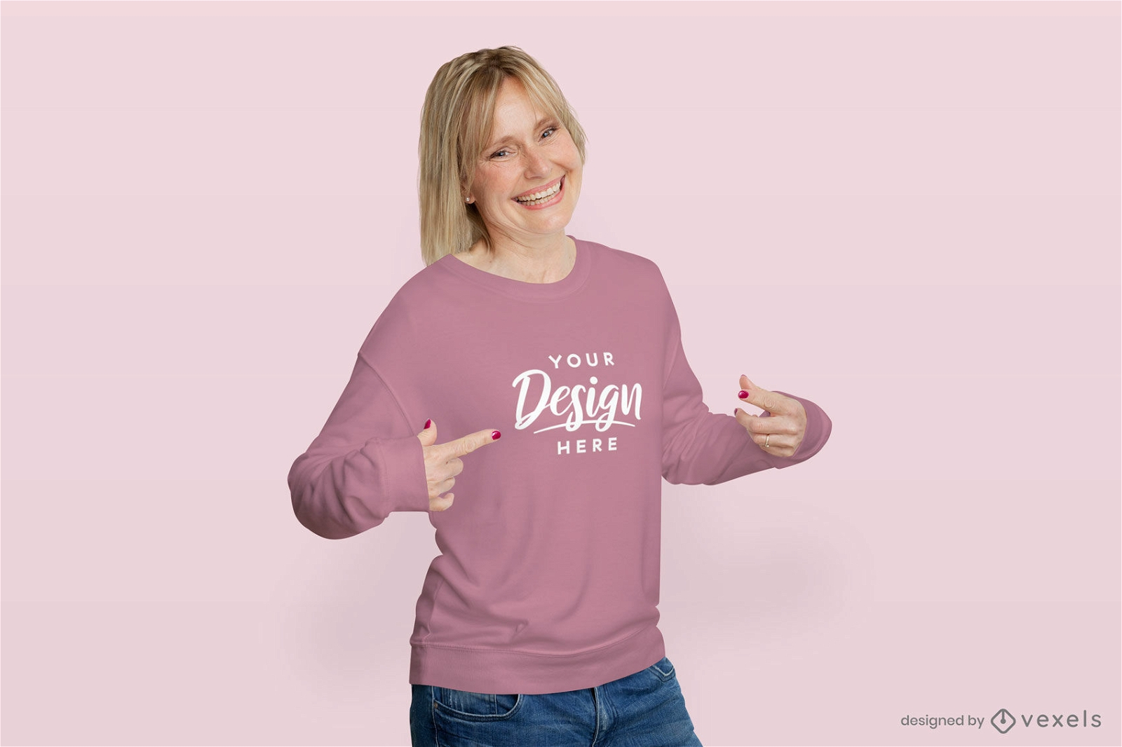 Woman in pink sweatshirt mockup flat background
