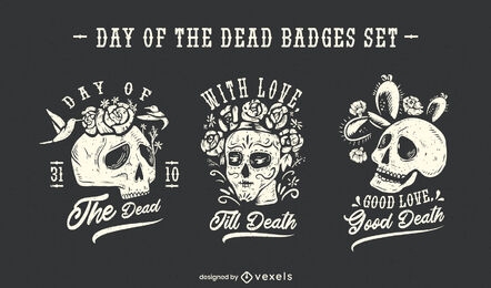 Day of the dead holiday skull badges set