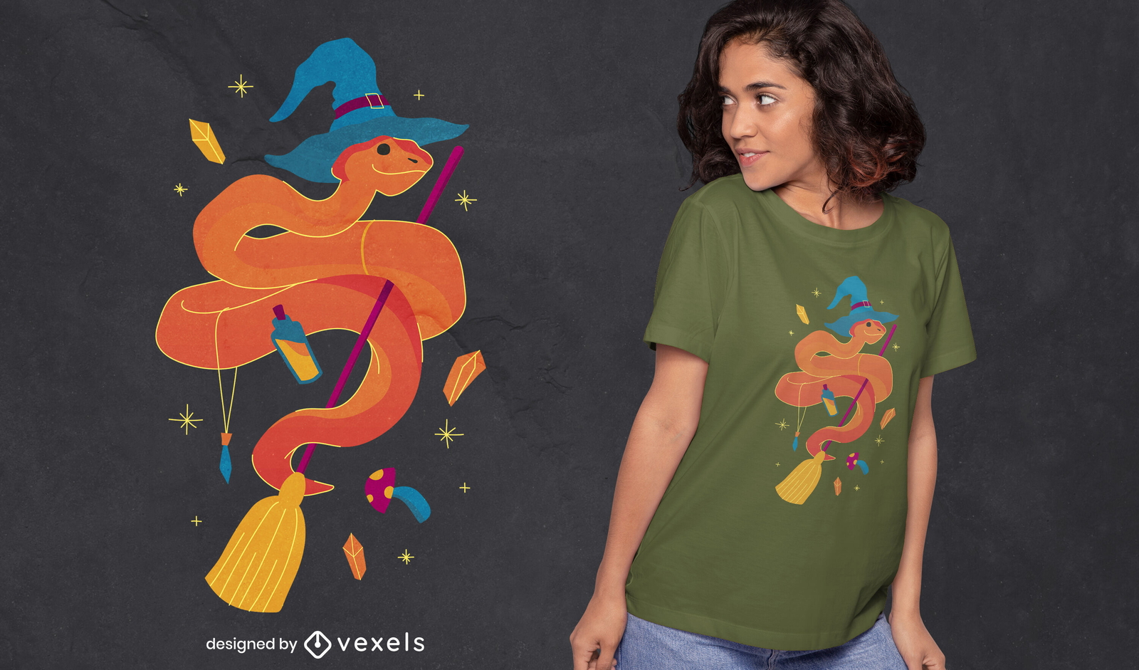 Diseño de camiseta de bruja serpiente de Halloween