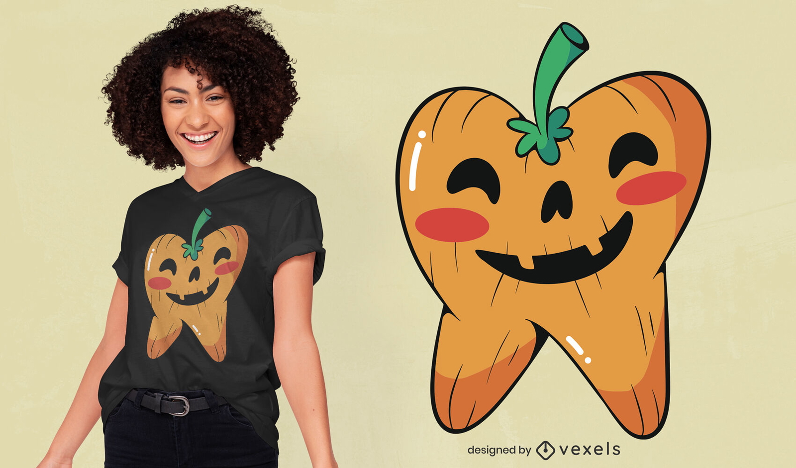 Diseño de camiseta de calabaza en forma de diente.