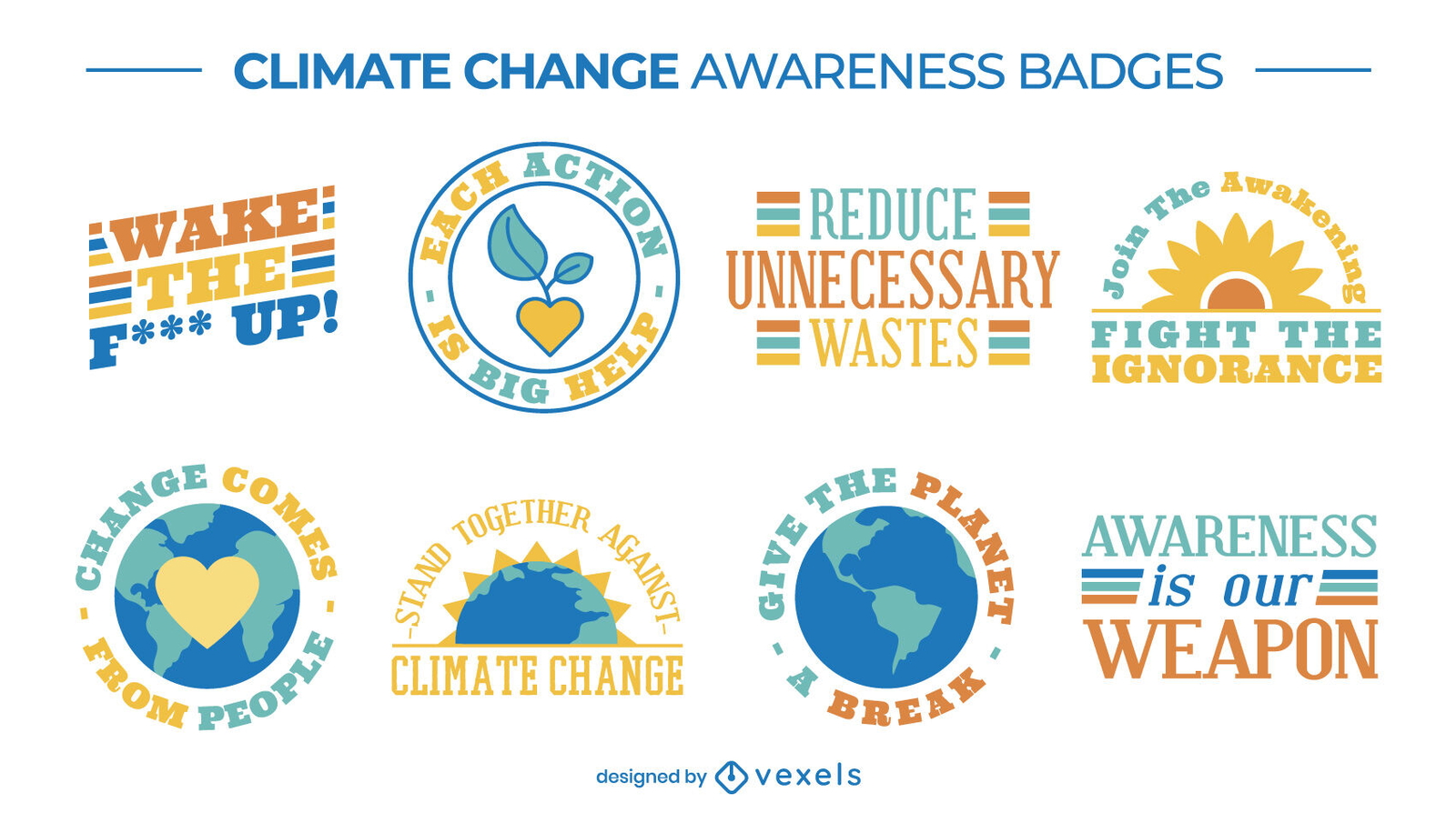 Conjunto de emblemas de conscientização sobre as mudanças climáticas