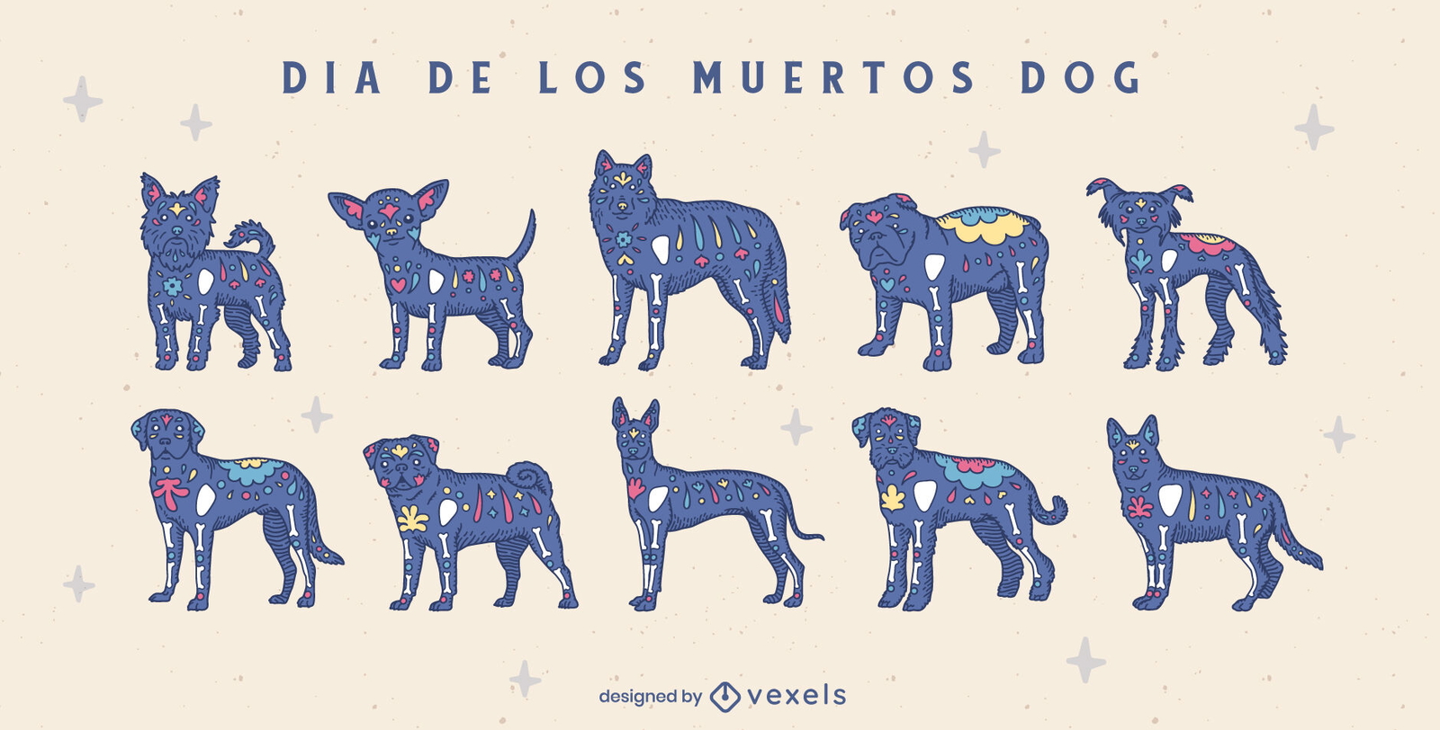 Día de los muertos vacaciones perro conjunto de animales.