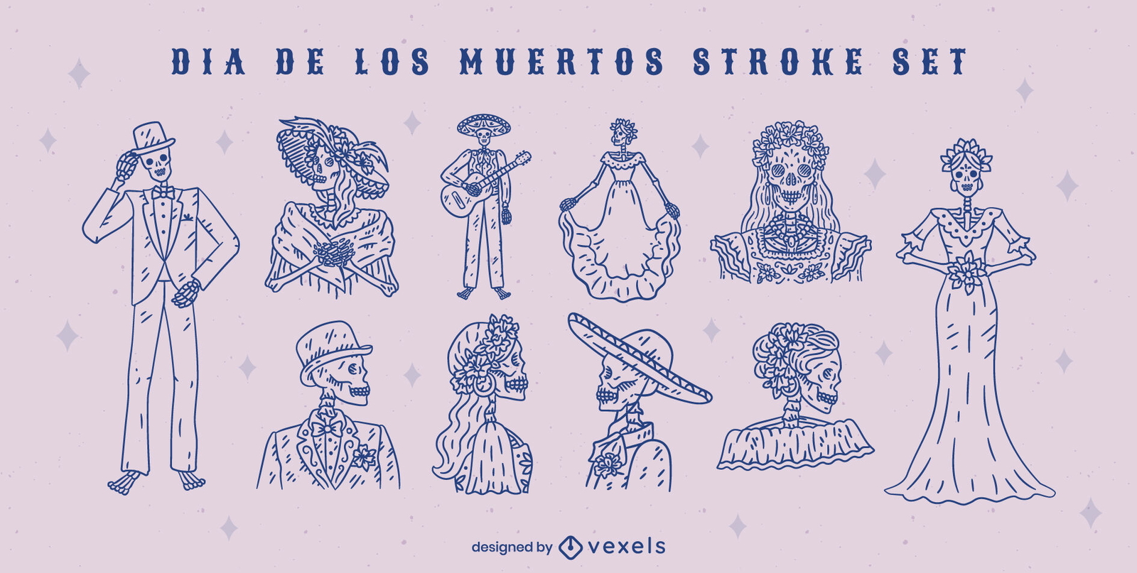 Día de los muertos esqueleto conjunto de trazos de personas.