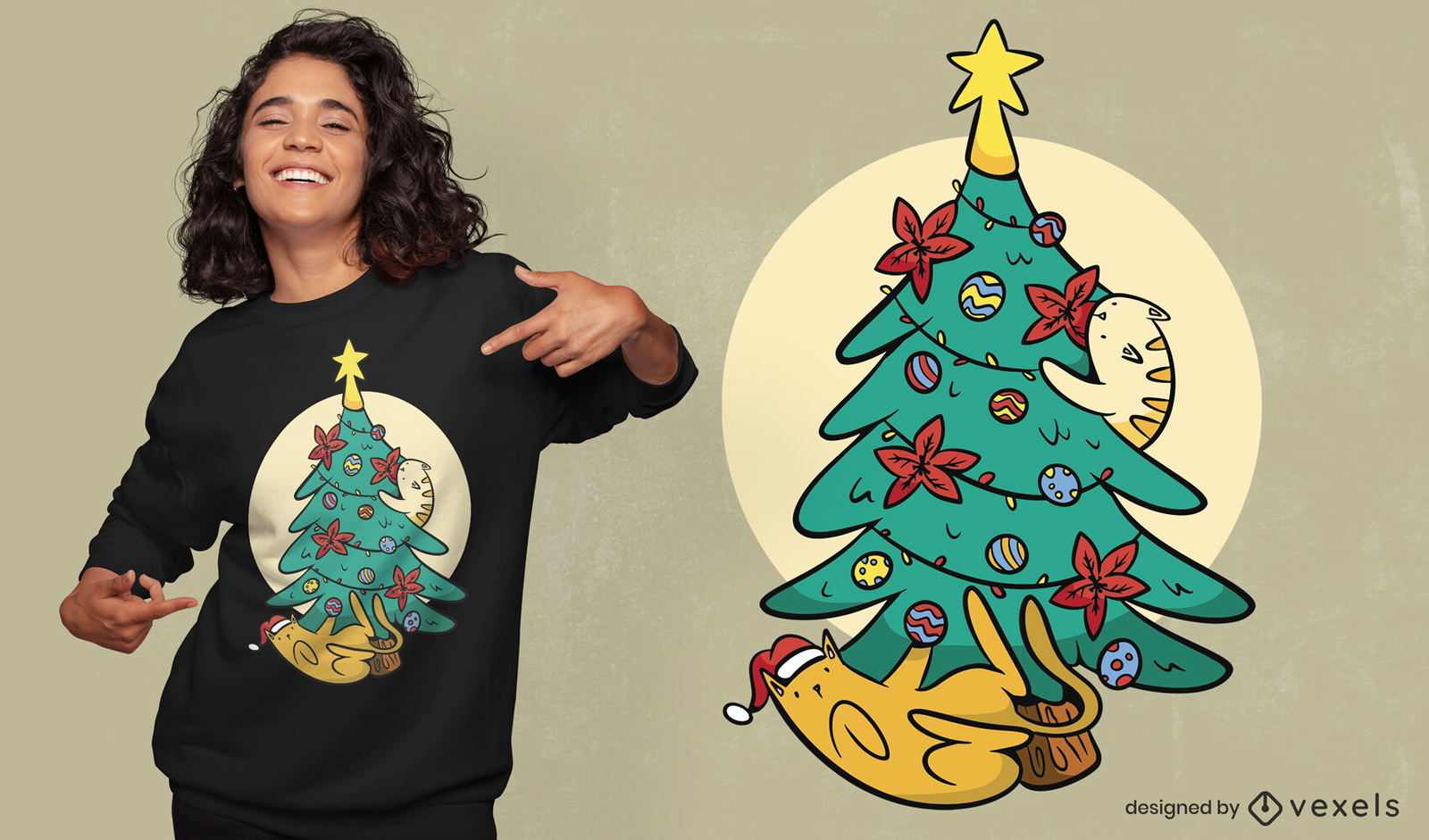 Gatos jugando con diseño de camiseta de árbol de navidad.